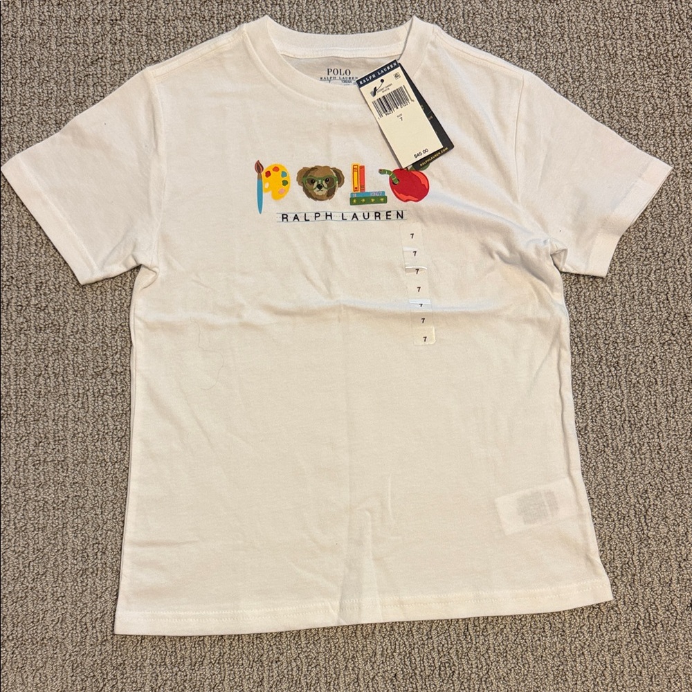 Polo Bear Ralph Lauren White Kids Graphic Polo Bear Tee with Colorful Icons